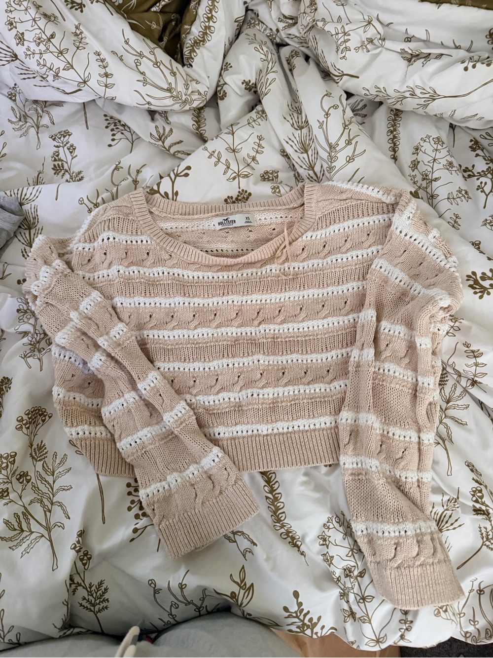 Women's Tan and White Stripe Knit Sweater